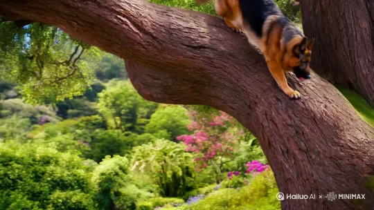 [右移,左摇,跟随]一只德国牧羊犬在和猫学习上树。猫爬到大树上狗没爬成功，真实自然景色 by Hailuo AI Video Generator