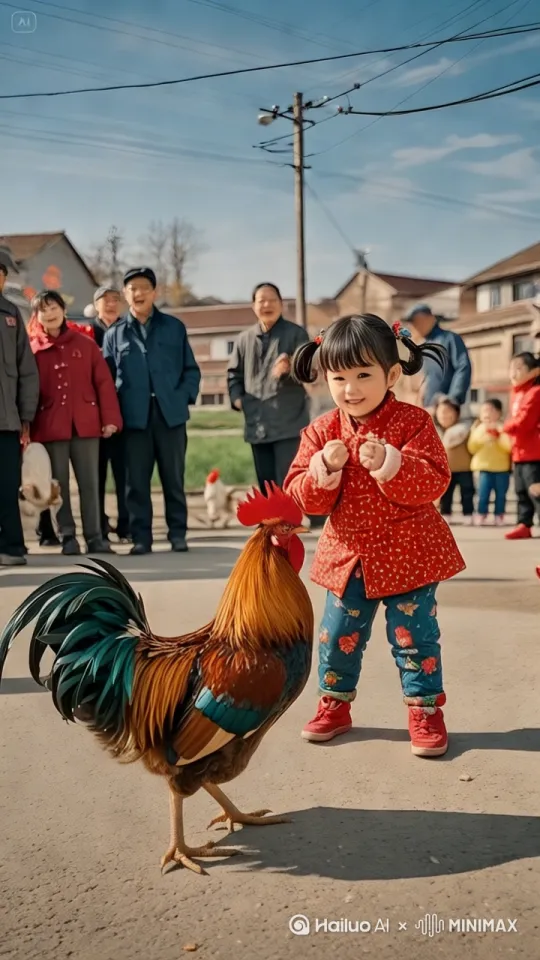 镜头移动，动态跟随，左边的公鸡率先发起攻击，它左腿猛地一蹬地，高高跃起，右脚如旋风般扫向右边小女孩的头部。小女孩机灵地低头闪躲，同时猛地向前一冲，用头顶向公鸡的腹部，左拳如雷霆万钧之势直击公鸡的侧身。右边的公鸡变成身穿红衣的女子，侧身一扭，避开拳头，跳起来施展出迅猛的连环踢猛踢向小女孩。小女孩迅速抽回手，公鸡突然高高跃起，向小女孩踢去，小女孩趁公鸡落地未稳，飞起一脚踢在公鸡的后腿上，他们的招式刚柔并济，时而是刚猛的直拳，时而是柔美的转身回旋踢。其它的人都站起身来鼓掌呐喊。 by Hailuo AI Video Generator