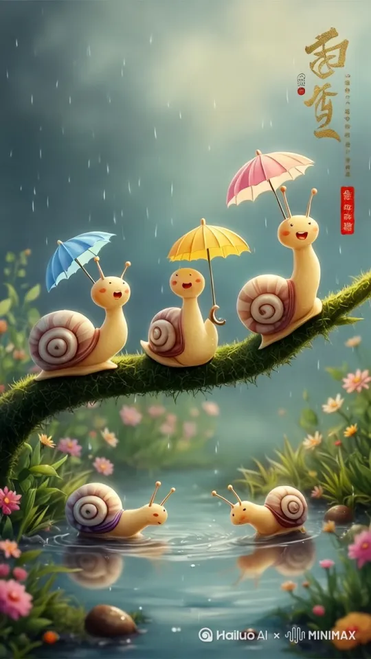 下大雨，雨滴打在花草上水滴流下来，地上蜗牛爬行，枝头上三只蜗牛开心玩耍， by Hailuo AI Video Generator