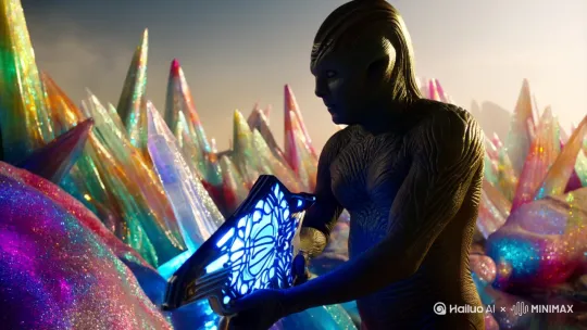 一名外星人战士，在一个奇异的世界里面，拿着能量武器准备埋伏敌人 by Hailuo AI Video Generator