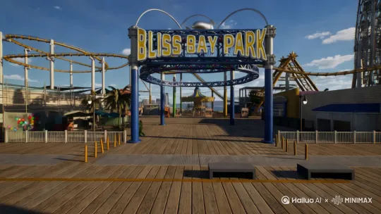 镜头先[推进,上升]到“BLSS BAY PARK”的牌子上，给牌子大特写。然后，镜头再[推进]在从牌子中心“A”的三角形窟窿穿过去，全景聚焦在后面的旋转木马上。 by Hailuo AI Video Generator