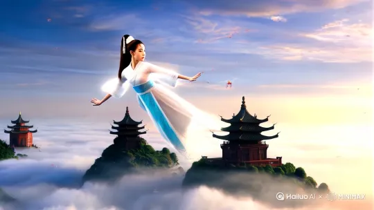 美女容貌不变，穿白蓝色薄如蝉翅古装像仙女一样飞向空中，轻松地在空中滑行
双臂向两侧伸展，头部向前，捕捉平滑水平飞行
的感觉。头发、衣服随风摇摆。
下面有云海，悬浮岛，小精灵，宫殿群等，运动模糊和光迹增强了速
度感和流畅性。快速移动。| by Hailuo AI Video Generator
