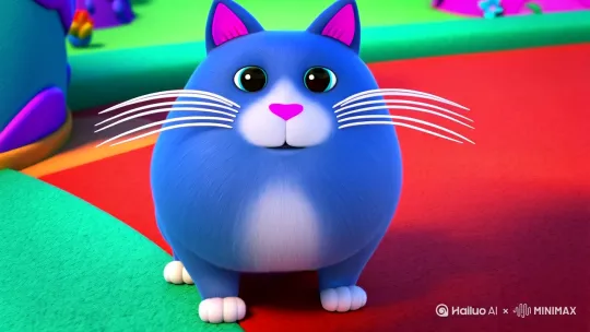 @左闪: 3D动画风格，画面主题是一只蓝色的胖猫，耳朵内侧为粉色，有着白色的胡须和粉色的鼻子 by Hailuo AI Video Generator