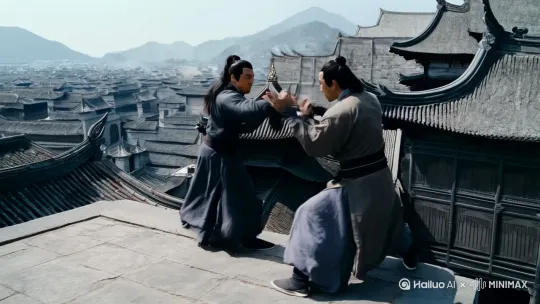 两位武者抱拳对峙，气场拉满。瞬间，攻势如潮，降龙伏虎般的拳法，行云流水的腿法相互交织。飞檐走壁不在话下，凌厉动作震撼眼球，镜头移动，动态跟随 by Hailuo AI Video Generator