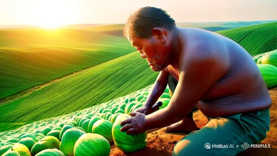 以下是专为视频生成设计的奇幻乡村分镜头脚本，包含画面描述和关键细节：

【开场-广角航拍】
烈日炙烤着华北平原，连绵的翡翠色瓜田在热浪中起伏。55岁的张守田老汉蹲在田埂，古铜色脊背弯成问号形状，粗糙的手指正在检查第37株西瓜藤。

【特写镜头】
汗珠顺着沟壑纵横的脸颊坠落，在滚烫的泥土上砸出深色印记。忽然，老汉布满老茧的掌心传来异常震动，镜头推近——西瓜表皮竟泛着金属冷光。

【俯拍转环绕】
当镰刀划开第5个瓜时，暗红色瓜瓤中迸出机油气息。老汉后退三步跌坐在地，目击西瓜以违背自然规律的速度膨胀，青翠纹路裂变成银灰色铆钉，直径三米的"西瓜"赫然露出波音标志。

【动态长镜头】
晨露未晞的瓜田开始集体躁动，三百个伪装西瓜同时弹出螺旋桨。张老汉的草帽被气流掀飞，却稳稳落在驾驶舱空座上。仪表盘亮起的瞬间，瓜田裂开地下跑道，老黄牛受惊跃起时碰触了红色启动按钮。

【高潮升格画面】
银翼切开晨雾的刹那，镜头掠过驾驶舱：沾着泥土的胶鞋踩在方向舵，生锈的军用水壶卡在操纵杆凹槽，沾着西瓜汁的皱纹里迸发出少年般的亮光。数百架西瓜战机从金色麦浪中拔地而起，在村民晾晒的被单阵列间穿梭成银色闪电。

【尾声空镜】
航拍镜头拉升，黄土地上的瓜藤网络显露出隐藏的军用跑道图腾，远处县城广告牌闪烁："中国航天·生态迷彩涂层技术发布会"。 by Hailuo AI Video Generator