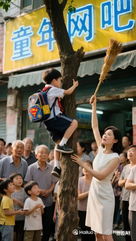 ：镜头从后方拍摄，美女辣妈手中的鸡毛掸子变成了能量鞭，小男孩背着的书包突然弹出机械翅膀，他借助翅膀的力量飞速向树顶冲去。周围的人看到这一幕，全都惊得目瞪口呆，有的甚至忍不住尖叫。镜头紧紧追随小男孩，等他到达树顶，树顶出现了一座超级英雄基地的入口，里面传出激昂的英雄战歌。（运镜：后方快速跟进，在机械翅膀弹出、人群反应、英雄基地入口出现时增强画面动感和音效） by Hailuo AI Video Generator