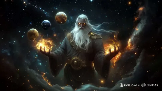 神秘的白发长须老者身着古老长袍,双手缓缓抬起引导星辰能量流动,胸前金色胸甲泛起波纹状光芒,环绕周身的行星沿螺旋轨迹缓缓移动,宇宙背景中暗物质如绸缎般流动,固定镜头展现宏伟的星云在老者背后缓缓旋转,神秘能量束在指尖凝聚成光球。 by Hailuo AI Video Generator
