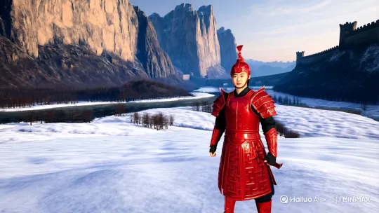 身披红色战甲的中国战士，山川河流长城雪原，电影级光影，超写实奇幻场景 by Hailuo AI Video Generator
