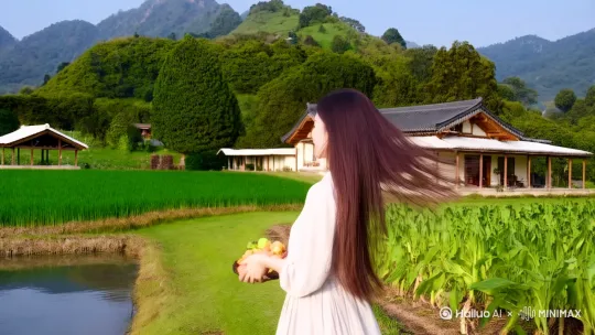 性感漂亮的女主角在一个背靠大山，面前有一片田野，里面有水稻玉米，红薯，花生，大豆等夏季农作物正在繁茂生长，池塘清澈，有亭台楼榭和和茶室，菜园里有各式各样的蔬菜，乡村别墅的后山上还有各式各样的果树，桃子桃李满园。美女日出而作，日落而息，恬淡静谧。 by Hailuo AI Video Generator
