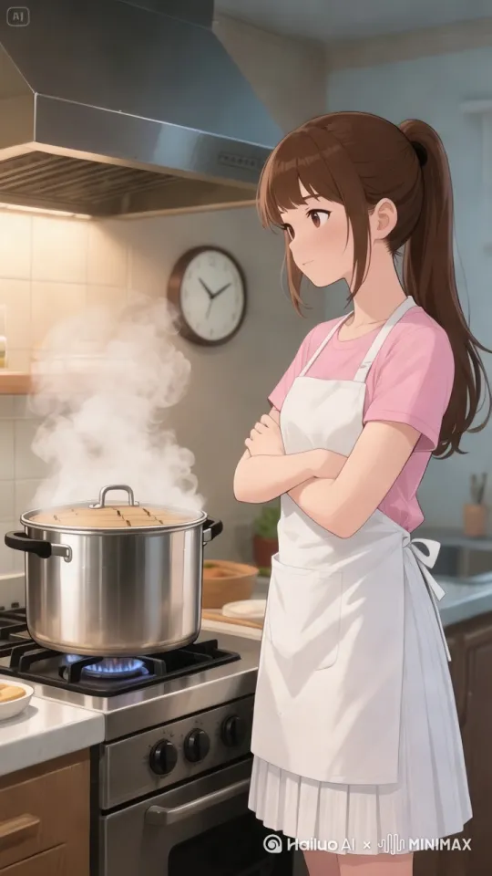 【场景聚焦】镜头聚焦在炉灶前，蒸锅的热气不断升腾。 【人物动作】女生站在炉灶旁，眼睛紧紧盯着时钟，双手交叉抱在胸前，粉色短袖在热气中微微飘动，白色百褶裙的裙摆轻轻晃动。 【动态细节】热气在女生周围形成朦胧的光影，时钟的指针在缓慢转动，镜头从正面拍摄女生，展现她等待的专注，所有动作保持安静缓慢，最后定格在女生专注的表情上。 by Hailuo AI Video Generator