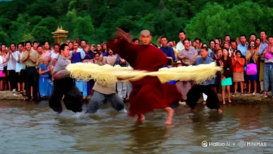 镜头移动，动态跟随，让岸边的每个人都使用中国功夫，他们的招式层出不穷，有拳法、有掌法、和尚原地快速旋转、疯狂旋转，面团瞬间变成一根根拉面围绕着和尚，周围围的人都瞪大了眼睛，满脸惊叹，有的张大嘴巴，有的不禁拍手叫好。（有身法，河水爆炸、水花四溅，炸出了许多鱼 by Hailuo AI Video Generator