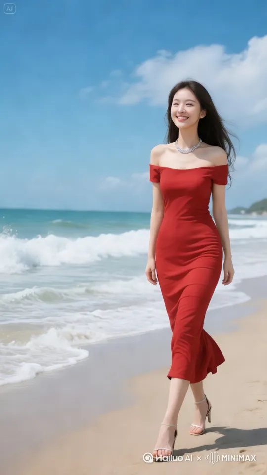 [右移,左摇,跟随]一个美女走在沙滩上 by Hailuo AI Video Generator