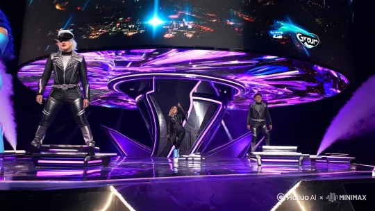 Kpop回归前线
 
一、舞台
 
整体风格：舞台充满强烈的赛博朋克风格，以黑、紫、蓝为主色调，不规则的几何造型构建出极具未来感的空间。
舞台构造：主体是一个巨大的圆形升降台，表面由闪烁流动光线的电子屏幕组成，不断变换着抽象图案与团体标志。四周分布着多个小型悬浮平台，可独立移动，用于成员展示特色舞蹈动作。舞台边缘环绕着喷射装置，能喷出带有镭射效果的烟雾，营造迷离氛围。后方矗立着一块巨型全息投影幕墙，播放着与歌曲概念呼应的奇幻影像，如星际穿越、虚拟城市等。
 
二、团体成员
 
队长：身着银黑相间的修身连体皮衣，衣服上镶嵌着尖锐的金属装饰与闪烁的紫色光条，勾勒出完美身材线条。头戴一顶黑色金属质感的棒球帽，帽檐下露出利落的白发，耳戴造型夸张的银色链条耳环。眼神冷峻犀利，透露着强大气场。
主唱：穿着淡蓝色露肩短款上衣，搭配同色系的高腰阔腿裤，裤子上有流动的水纹状亮片装饰。脚蹬一双白色厚底短靴，靴面有蓝色火焰图案。一头蓝色长发微卷，发尾挑染成淡紫色。手持特制麦克风，麦克风表面有蓝色荧光流动。
主舞：身着黑色运动风露脐短上衣，搭配紫红色宽松工装裤，裤子上挂满了各种金属链条与徽章。腰系一条宽皮带，皮带上镶嵌着彩色宝石。头戴黑色鸭舌帽，帽上有团体标志的反光贴片。脖子上围着一条紫红色丝巾，随着舞动肆意飞扬。
 
三、表演瞬间
 
开场：舞台灯光全部熄灭，只有全息投影幕墙上闪烁着神秘的光影。突然，强烈的节奏响起，舞台中央升起巨大的光柱，成员们从光柱中现身，摆出极具张力的开场造型，瞬间点燃现场气氛。
高潮：音乐节奏加快，队长带领成员们在舞台上快速走位，做出整齐划一又极具力量感的舞蹈动作。主唱飙出高音，声音穿透全场，同时悬浮平台升起，主舞在上面展现高难度舞蹈技巧，如空中旋转、快速踢腿等。
结尾：音乐节奏渐缓，成员们聚集在舞台中央，做出一个充满凝聚力的造型，舞台灯光渐暗，只有后方全息投影幕墙上留下团体的标志与“回归”字样。 by Hailuo AI Video Generator