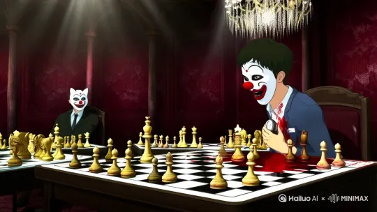 血从我的指缝间渗出来，滴落在黑白棋盘上。

我盯着对面那个戴小丑面具的男人，他的笑声像生锈的齿轮在转动。"秦夜先生，你还有三十秒考虑时间。"他晃了晃手中的银色怀表，"要认输吗？"

我咬紧牙关，左手死死按住右臂的伤口。十分钟前，我还只是个普通大学生，现在却在这个诡异的游戏厅里赌命。这一切都始于三天前那封烫金边的黑色信封。

"《诸神愚戏》诚邀您参与。"信封上用暗红色墨水写着我的名字，没有邮戳，没有寄件人。我以为是哪个无聊社团的恶作剧，直到打开信封的瞬间，一阵刺骨的寒意顺着指尖窜上脊背。

现在，我明白了那寒意意味着什么。

"二十五秒。"小丑歪了歪头，面具上的笑脸在昏暗灯光下显得格外狰狞。

我环顾四周。这个所谓的"游戏厅"像个废弃的剧院，高耸的天花板上垂下破旧的水晶吊灯，四周墙壁贴满褪色的暗红色壁纸。十二张棋盘呈环形排列，每张棋盘前都坐着两个人——一个戴面具的主持人，和一个像我这样的"玩家"。

左边第三张棋盘突然爆出一声惨叫。我扭头看去，一个穿校服的女孩仰面倒下，胸口插着她自己的钢笔。她的对手——一个戴狐狸面具的女人——优雅地鞠了一躬，从女孩逐渐冰冷的指间取走一枚金色筹码。

"又一位淘汰者。"我的小丑主持人咯咯笑着，"二十秒，秦先生。"

我的视线落回棋盘。这是一局改良过的国际象棋，但棋子都是活物——微型的人形雕像会在被吃掉时发出真实的惨叫。我的"王"被逼到了角落，而对方的"皇后"正举着滴血的长矛。

汗水滑过太阳穴。我根本不会下国际象棋，是被硬拉来凑数的倒霉鬼。但直觉告诉我，认输的下场会和那个女孩一样。

"十五秒。"

我闭上眼睛，脑海中浮现信封里的第二张纸——那幅奇怪的图案：一个倒悬的人影被锁链缠绕，背景是无数双眼睛。当我盯着它看时，那些眼睛似乎都在转动...

"十秒。"

剧痛突然从右手传来。我猛地睁眼，发现棋盘上的黑色棋子正在融化，像沥青一样顺着棋盘蔓延，缠上我的手指。更可怕的是，我的影子——在吊灯下应该向左侧倾斜的影子——正诡异地向右延伸，像有生命般爬向小丑的脚边。

"五秒。"

本能驱使我伸手抓住了一枚"车"棋子。在接触的瞬间，一股冰冷的力量从指尖炸开，我的视野突然蒙上一层暗红色滤镜。棋盘上的黑色物质疯狂涌动，顺着我的手臂攀附上来，却没有带来疼痛，反而有种奇异的熟悉感。

"时间到。"小丑遗憾地摊手，"看来我们的新朋友要——"

我抬起手，指向他的"王"棋。

"吃掉。"

我的影子突然暴起，如同一张黑色巨口吞没了那枚棋子。小丑的话戛然而止，面具下的呼吸变得急促。棋盘上所有黑色棋子同时爆裂，粘稠的液体溅在面具上，顺着笑脸的弧度滑下，像在哭泣。

"有趣。"他慢慢鼓掌，"非常有趣。秦夜先生，你刚刚使用了'影蚀'能力。"他凑近，我能闻到他身上那股甜腻的腐臭味，"欢迎正式加入《诸神愚戏》。"

四周突然响起此起彼伏的尖叫。我转头看去，其他棋盘的主持人正在处决失败的玩家——一个男人的头被按进了棋盘，他的身体正以肉眼可见的速度缩小，最后变成了一枚新棋子；另一个女孩被自己的长发勒住脖子，悬吊在水晶灯上。

"别担心他们。"小丑递来一枚金色筹码，上面刻着数字"7"，"失败者本就该成为游戏的养料。而你..."他的手指划过我的右臂，伤口奇迹般愈合了，"你获得了晋级资格。"

剧院后门突然打开，刺眼的白光中走出三个身影。最前面的是个穿红色风衣的女人，她手里把玩着几枚带血的筹码；中间是个戴耳机的少年，右眼闪烁着机械般的蓝光；最后...

我瞳孔骤缩。是那个刚才死去的校服女孩，现在完好无损地站在那里，正对着我微笑。

"介绍一下，"小丑张开双臂，"这三位和你一样，都是本轮游戏的胜出者。下次见面时，你们可能就是对手了。"

红衣女人走近，我注意到她的筹码上刻着"3"。她打量着我，突然笑了："菜鸟，你的影子在发抖呢。"

我低头看去，心脏几乎停跳——脚下的影子确实在微微颤动，像一条蓄势待发的毒蛇。

"看来'愚者'大人又找到了有趣的玩具。"她转身走向出口，"希望你能活到下一轮，7号。"

当最后一个人离开，小丑递给我一部老式翻盖手机："下次游戏通知会通过这个发送。记住，秦夜先生..."他的声音突然变得扭曲，面具下的脸似乎在融化，"当你凝视影子时，影子也在凝视着你。"

走出剧院，午夜的冷风让我打了个寒颤。手机屏幕亮起，一条新消息：

【第一幕：愚者的初选·完】
【存活玩家：4/12】
【下一幕预告：镜中鬼影】
【能力觉醒进度：17%】

我攥紧那枚带血的筹码，路灯下，我的影子延伸出诡异的长度，末端分叉，如同一条蓄势待发的双头蛇。

转角处的橱窗玻璃上，一个戴兜帽的人影一闪而过。虽然只有一瞬，但我确信——那个人，没有影子。 by Hailuo AI Video Generator
