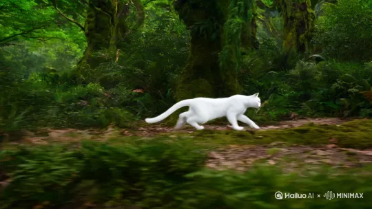 背景：森林。
主要对象：一只白色的猫。
动作：从远处跑过来，[右移,左摇,跟随]顺滑的变成小女孩[上升,推进,变焦推进] by Hailuo AI Video Generator