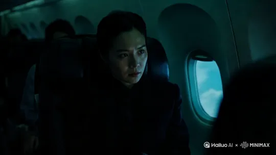 美国飞往中国的夜班航班上，一位衣着素雅的亚洲女人，坐在飞机头等舱，表情严肃冷酷的看着机窗外，周围环境昏暗模糊[右移,左摇,跟随] by Hailuo AI Video Generator