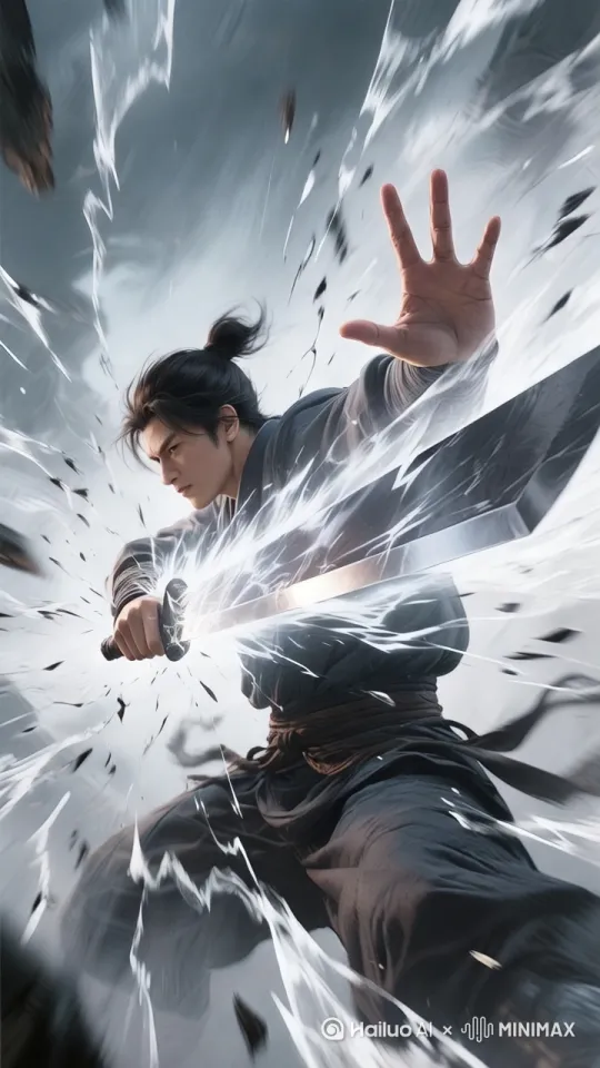 动态比喻：用自然或神话意象类比动作，如“拳出似惊雷炸响”“腿扫若飓风卷叶”“身形如灵蛇游走”，让抽象动作变得直观。

2. 力量质感：通过通感词强化冲击，如“掌风撕裂空气”“肘击砸出闷雷般的声响”“脚尖点地碎石迸溅”，从听觉、触觉传递力量。

3. 节奏对比：用快慢、刚柔反差突出层次，如“骤起如闪电突刺，骤停似山岳巍峨”“柔时若水漫石，刚时若铁铸钢”。

4. 细节特写：聚焦局部动作，如“指节微曲成鹰爪，寒光乍现”“足尖碾地旋身，衣袂划出凌厉弧线”，以小见大展现招式精妙。 by Hailuo AI Video Generator