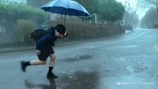 雨水像断了线的珠子，噼里啪啦地砸在林默的伞面上。他缩了缩脖子，加快脚步穿过这条鲜少有人走的小路。放学路上突然下起的暴雨让他不得不改变原定路线，抄这条近道回家。水洼中倒映出他模糊的身影——一个穿着深蓝色校服、背着沉重书包的普通高中生。

"这鬼天气..."林默嘟囔着，突然脚下一滑，整个人向前踉跄了几步。他下意识抓住路边的铁栏杆稳住身体，却听到"吱呀"一声——那看似锈蚀的栏杆竟然转动了。

林默惊讶地抬头，这才注意到栏杆后掩映在茂密灌木中的一扇小铁门。门上的锁早已锈蚀断裂，只是虚掩着。透过门缝，他看到里面似乎是一片被遗忘的园林。

好奇心驱使他推开了门。铁门发出刺耳的呻吟，像是在抗议多年后首次被人打扰。林默收起伞，雨水立刻打湿了他的头发和校服，但他顾不上这些——眼前的景象让他屏住了呼吸。

一座典型的江南古典园林在雨幕中若隐若现。假山错落有致，亭台楼阁虽显破败却仍能看出昔日的精致。雨水在青石板路上汇成细流，蜿蜒流向不知名的深处。最引人注目的是园中央一棵巨大的古银杏，金黄的叶子在雨中摇曳，仿佛整棵树都在发光。

"城市里居然还有这样的地方..."林默喃喃自语，不自觉地迈步向前。他的运动鞋踩在湿滑的青苔上发出轻微的"啪嗒"声，与雨声交织成奇妙的韵律。

就在他走近古银杏时，一阵急促的脚步声从回廊另一端传来。林默警觉地躲到一根红漆剥落的柱子后，屏住呼吸。

一个白色身影从雨幕中冲出。那是个看起来和他年龄相仿的少女，穿着素白的改良汉服，长发用一根银色发带高高束起。她的动作异常轻盈，仿佛不受重力约束，每一步都在积水上激起细小的水花却不沾湿衣角。

少女突然停下脚步，猛地转头看向林默藏身的方向。她的眼睛在昏暗的光线下呈现出不可思议的琥珀色，瞳孔细长如猫科动物。

"谁在那里？"她的声音清冷如碎冰。

林默还没来得及回应，园林入口处传来杂乱的脚步声和低沉的交谈声。少女脸色骤变，一个箭步冲到林默面前，纤细却有力的手抓住他的手腕。

"不想死就跟我来。"她压低声音说，不容拒绝地拉着林默向园林深处跑去。

林默被她拽得踉踉跄跄，勉强跟上她的步伐。他们穿过曲折的回廊，绕过假山，最后躲进一座半塌的六角亭。亭子周围杂草丛生，倒是个绝佳的藏身之处。

少女松开林默的手腕，警惕地观察四周。林默这才有机会仔细打量她——瓷白的肌肤上沾着几滴雨水，细长的眉毛紧蹙着，嘴唇因紧张而微微发白。她的右手紧紧攥着一个绣有奇异纹样的锦囊。

"那些是什么人？为什么要追你？"林默小声问道。

少女瞥了他一眼，琥珀色的眸子里闪过一丝犹豫。"与你无关。你不该来这里。"她的声音依然冰冷，但林默注意到她的手指在轻微颤抖。

远处传来树枝断裂的声音，追捕者显然正在搜索整个园林。少女的身体瞬间绷紧，像一只准备扑击的猎豹。

"他们找的是这个。"她突然开口，举起那个锦囊，"这是我家族守护了千年的东西。如果落入他们手中..."

她的话被一声尖锐的哨响打断。林默从亭子的镂空雕花窗向外望去，看到三个黑衣人正分散搜索。他们穿着奇怪的黑色长袍，脸上戴着没有任何表情的白色面具，在雨中的园林里如同幽灵般移动。

"见鬼，他们怎么找到这里的..."少女咬住下唇，眼中闪过一丝恐惧。 by Hailuo AI Video Generator