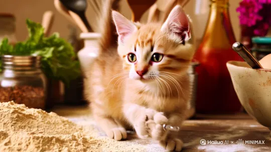 一只可爱的小猫在炒菜 by Hailuo AI Video Generator