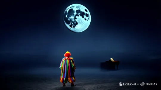 0-1 秒	全景夜空中挂着又大又圆的月亮，冷色调月光笼罩场景。小丑背对镜头站在画面中央，背后有一块发光的白色屏幕，屏幕上逐字浮现黑色字幕：看透了 清醒了。	轻柔的钢琴旋律（带一丝压抑）
1-3 秒	中景小丑缓缓转身，面向镜头。他穿着传统小丑服饰（彩色蓬蓬衣、花脸妆），眼神空洞，手中握着一个透明酒瓶。屏幕字幕续接：可不能一走了之。	钢琴声渐强，混入轻微的心跳声
3-4.5 秒	特写小丑举起酒瓶，仰头将酒一饮而尽。喉结滚动，酒瓶放下时，嘴角扯出一个夸张的笑容。	吞咽声清晰，背景音突然安静
4.5-5 秒	镜头拉远小丑盯着镜头，笑容逐渐扭曲，发出沙哑、颤抖的大笑声（笑声逐渐变调，透出无奈和苦涩）。画面暗角加重，月亮仍高挂天际。	“哈…… 哈哈哈哈”（音效尾音带哽咽感） by Hailuo AI Video Generator