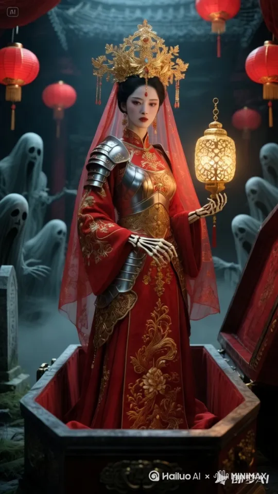 新娘拿着灯从棺材里走出来，周围刮风，红灯笼晃动，诡异氛围[左移,右摇,跟随] by Hailuo AI Video Generator
