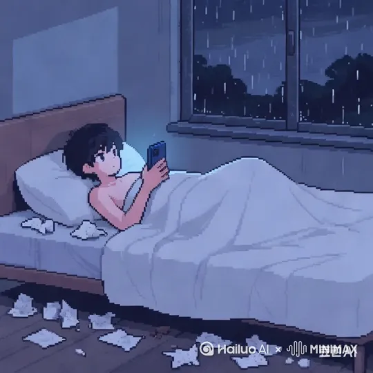 张窗外下着雨，男生在床上玩手机 by Hailuo AI Video Generator