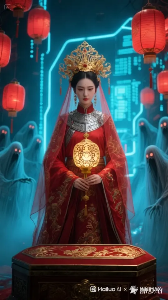 新娘忧愁的表情，拿着灯从棺材里走出来，周围刮风，周围的鬼魂来回飘动眼睛放红光小，红灯笼晃动，诡异氛围[左移,右摇,跟随] by Hailuo AI Video Generator