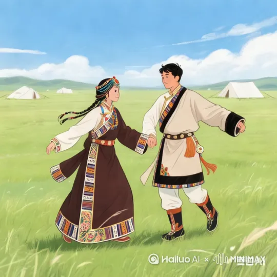 草原上，身着传统藏袍的卓玛姑娘（头戴松石银饰，红色裙摆飞扬）与康巴汉子（戴红缨帽，腰佩藏刀）正在跳锅庄舞。阳光洒在金黄草原，远处有雪山和牦牛群，人群围成圆圈伴舞。动作流畅，裙摆飘动，背景有篝火与暮色渐变，藏式弦乐与鼓点音效。 by Hailuo AI Video Generator