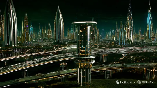 未来科幻都市的夜间景象 by Hailuo AI Video Generator