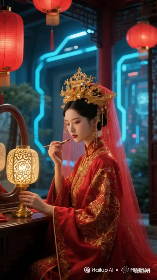 新娘期待的表情，对着镜子梳妆打扮，拿着唇笔描绘口红，周围刮风飘动的红纱，周围红灯笼晃动，诡异氛围[左移,右摇,跟随] by Hailuo AI Video Generator