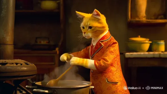 80年代，有一只穿着中山装的黄色猫咪在灶台边做饭 by Hailuo AI Video Generator