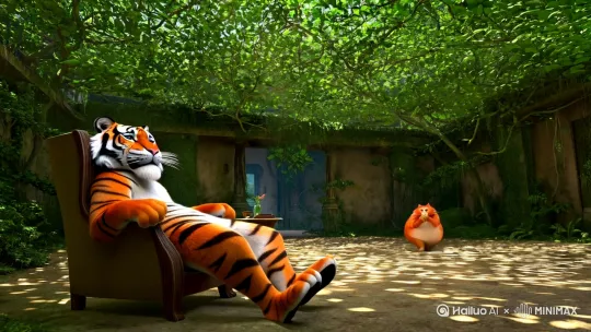 在一个森林中的小院里，老虎无精打采的坐在扶椅上，胖橘猫从外面缓缓的走进来，走到老虎前，双手拿出带来的礼物 by Hailuo AI Video Generator