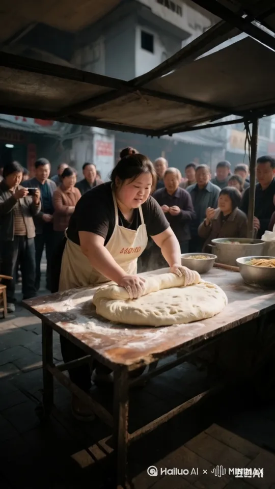 镜头1（0 - 1秒）：摊主刚准备揉面，突然一个鹞子翻身跃上案板，面团竟像被赋予意识般，跟着她凌空飞起。她以一个倒挂金钩的高难度武术姿势，双脚夹住面团，在空中飞速旋转，面团被抻拉得又长又薄，如丝绸般飘逸。

镜头2（1 - 3秒）：紧接着，摊主一个鲤鱼打挺落地，双手呈鹰爪状抓住面团，施展一套刚猛的虎拳，每一拳落下，面团就被重重拍打，却神奇地不粘不碎。随后她又施展蛇拳，身体蜿蜒灵动，面团随着她的动作扭曲缠绕，宛如一条巨蟒。就在大家目瞪口呆时，她猛一提气，施展梯云纵，带着面团高高跃起，在空中来了个七百二十度旋翻，面团也跟着飞速翻转。

镜头3（3 - 5秒）：摊主轻盈落地，顺势一个太极推手的招式，将面团缓缓推出，面团稳稳落在案板上，瞬间自动塑形，变成了一个个精致的馒头，每个馒头上都印着摊主武术招式的微缩图案。围观人群先是一阵死寂，随后爆发出震耳欲聋的欢呼和掌声。 by Hailuo AI Video Generator