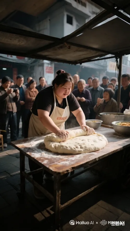 真实摄影，逼真质量，8K超清画质，鱼眼镜头，焦距16mm，低角度仰拍，主体是身着黑色上衣与米色围裙的女士，在街边摊前。她突然以芭蕾舞的足尖旋转动作开始揉面，面团随着她如街舞托马斯全旋般的翻转，变成细长面条在空中飞舞缠绕。接着她像跳现代舞一样做出高难度的伸展动作，面条竟如藤蔓般从她的指尖生长蔓延，在空中编织出复杂的几何图案。周围围观人群拍手叫好 by Hailuo AI Video Generator
