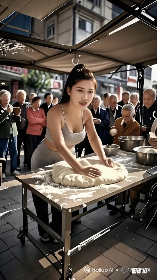 真实摄影，逼真质量，8K超清画质，鱼眼镜头，焦距16mm，低角度仰拍，主体是身着灰色运动背心和紧身裤，刹那间，她开启疯狂舞蹈模式，一个街舞breaking的托马斯全旋，面团竟黏在她身上随之旋转，像是被施了魔法。紧接着，她以一段热情奔放的拉丁舞伦巴步伐，扭动身姿，面团在她手中被巧妙拉伸、折叠，如同灵动的丝带。然后，她又切换到现代舞的跳跃、旋转动作，面团在空中划出一道道诡异又绚丽的弧线。周围人群惊掉下巴，表情夸张，仿佛置身梦境。 by Hailuo AI Video Generator