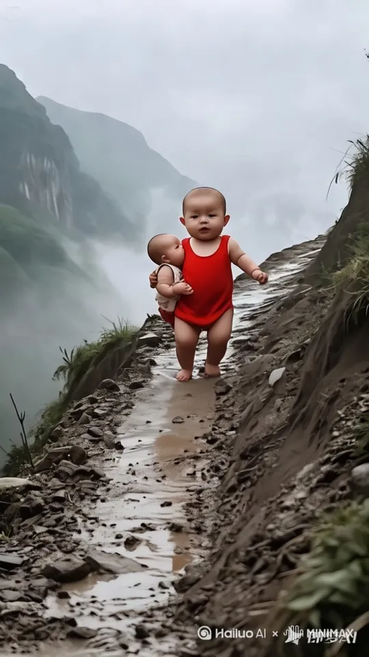 红衣男孩躺着往下滑动前行。周围是陡峭的山壁，脚下泥水溅起，展现出孩童间纯真的守护与无畏，营造出一种质朴又震撼的动态场景。 by Hailuo AI Video Generator