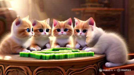 四只可爱的小猫咪 围在桌旁打麻将 by Hailuo AI Video Generator