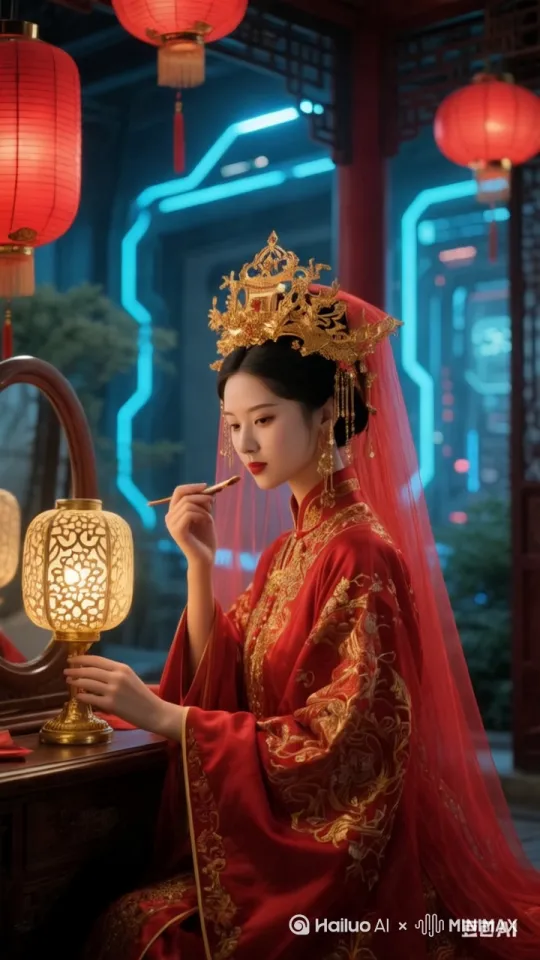 新娘期待的表情，对着镜子梳妆打扮，周围刮风飘动的红纱，周围红灯笼晃动，诡异氛围[左移,右摇,跟随] by Hailuo AI Video Generator