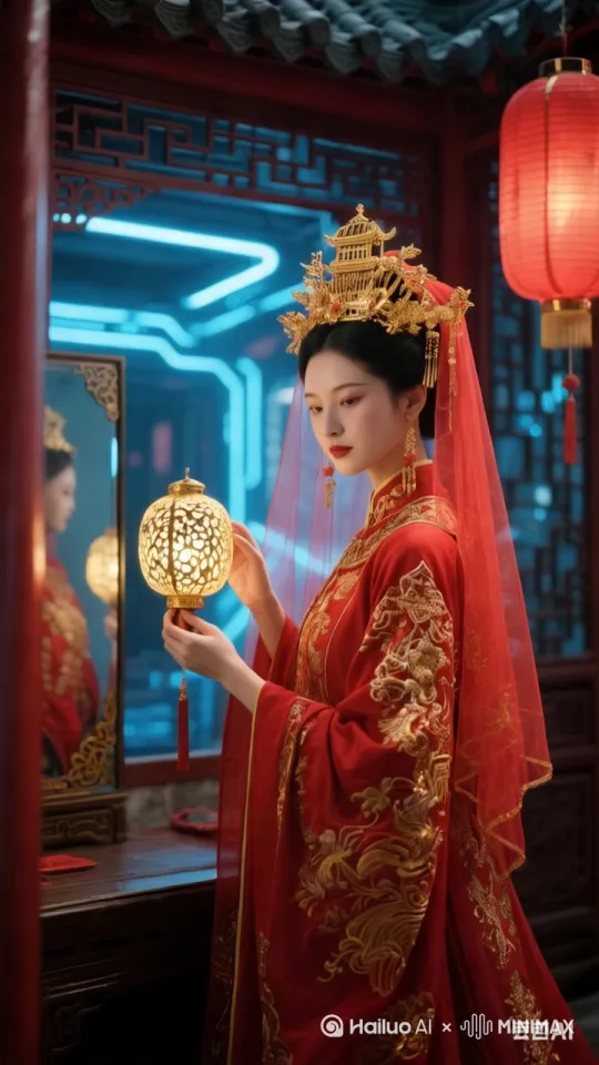 新娘期待的表情，放下手里的灯，[左移,推进,右摇]对着镜子欣赏容貌，周围刮风飘动的红纱，红灯笼晃动，诡异氛围[左移,右摇,跟随] by Hailuo AI Video Generator
