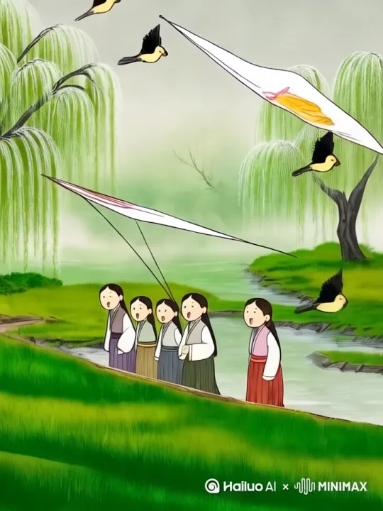 村居
草长莺飞二月天，
拂堤杨柳醉春烟。
儿童散学归来早，
忙趁东风放纸鸢。 by Hailuo AI Video Generator