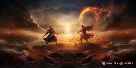 云层涌动，人物激烈打斗，武器触碰时特效逼真，推镜头 by Hailuo AI Video Generator