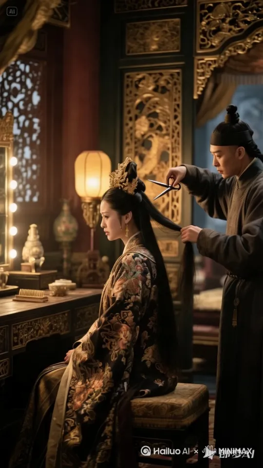 镜头从远至近，然后跟着主体转圈，最后提升到上面，理发师双手合十结印，变化出四个分身，手持剪刀，梳子，吹风机，头发拉直器，电光火石烟雾缭绕，龙卷风夹带着飞沙走石跟着皇后旋转，皇后吓得花容失色，理发师的手像按了快进键一样手速超快，刹那间头发随着龙卷风的旋转最好几秒变成了一个光头！皇后气炸了，理发师也尴尬了 by Hailuo AI Video Generator
