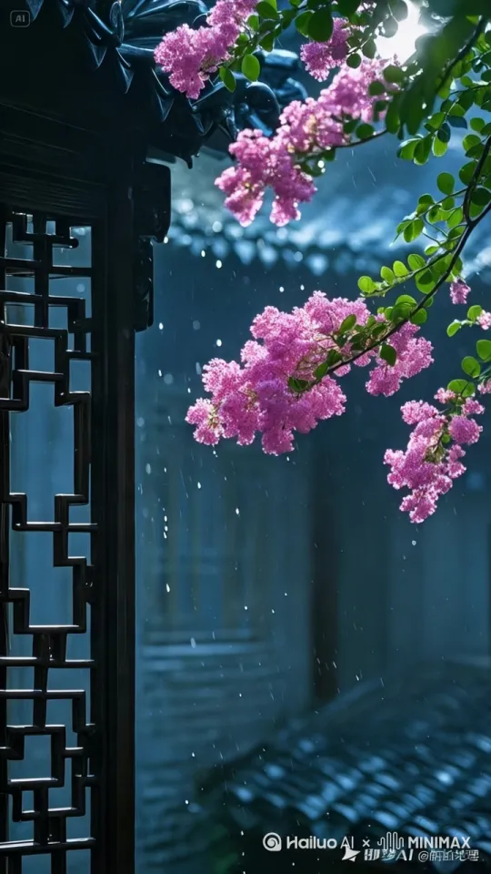 静态表现雨水在花上洒落的特写 by Hailuo AI Video Generator