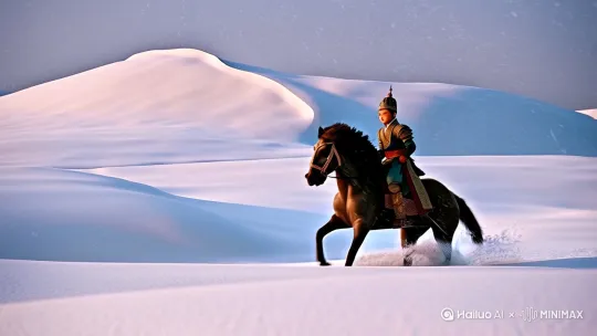 古装男孩在骑马，奔驰在雪地 by Hailuo AI Video Generator