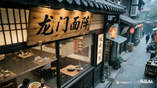 镜头1（全景·仰拍）
📸 画面：解放碑街景，镜头快速推进至「龙门面阵」门头（红灯笼+木质牌匾特写）  
🎤 配音：（激昂）“在重庆，这家店凭一碗面——称霸江湖！” by Hailuo AI Video Generator
