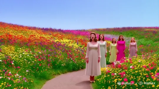 一条弯弯曲曲的小路，几个前苏联美女唱着《小路》满世界山花点缀 by Hailuo AI Video Generator