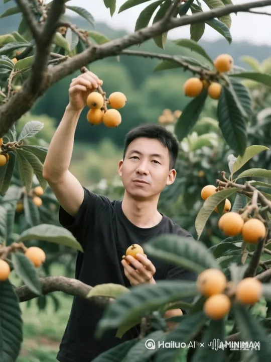 人摘下枇杷，树枝随着人物摘枇杷时而同时抖动 by Hailuo AI Video Generator