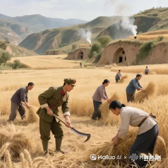陕西高原，军民共同收麦的热闹场景，要有氛围感，高清 by Hailuo AI Video Generator