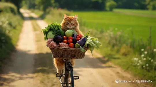 镜头中橘猫骑着一辆单车，在乡间公路上快速行驶。
橘猫哼着小曲，骑得飞快，它的前爪紧紧握住车把，努力保持平衡。后爪有节奏地快速蹬着踏板，每一次发力，腿部的肌肉就紧绷起来，将力量传递到踏板上，带动链条飞速转动。 by Hailuo AI Video Generator