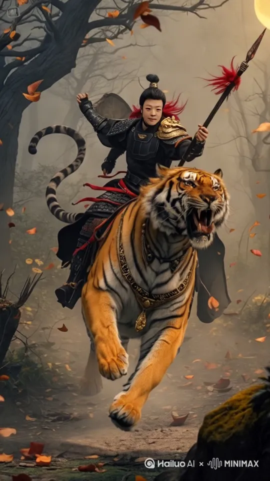 以下是一组可用于将此图片生成视频的提示词:
- 风格:奇幻古风,画面具有电影质感,色调偏暗营造神秘氛围,光影效果突出,模拟真实的山林光影变化。
- 主体动作:一位身着古代战甲、肩披金色护肩、腰系红色丝带的战士,骑在装饰华丽金链的猛虎背上,战士手持顶端带红色缨饰的长矛,做冲锋姿态,手臂有力挥动,猛虎四爪腾空,大口咆哮,展现迅猛奔跑之势。
- 场景:深秋山林,树木枝干光秃,飘零着枯黄落叶,地面覆盖落叶与薄尘,弥漫淡淡雾气,营造萧瑟神秘氛围,背景有朦胧大月亮。 by Hailuo AI Video Generator